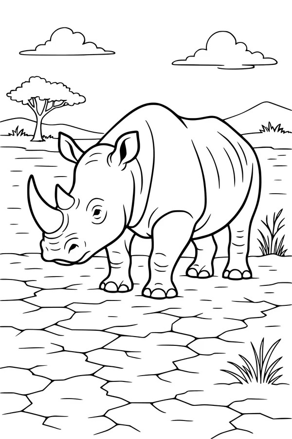 Free Rhinoceros Coloring Page - Rhino on Sunny Savannah (Printable PDF)