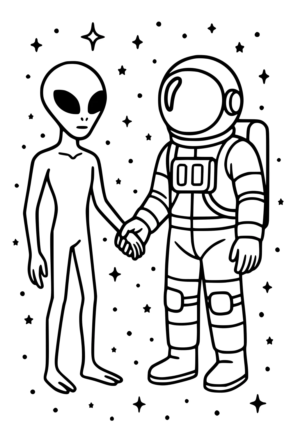 Alien with large eyes shakes hands with a suited astronaut in space, surrounded by small stars and dots.