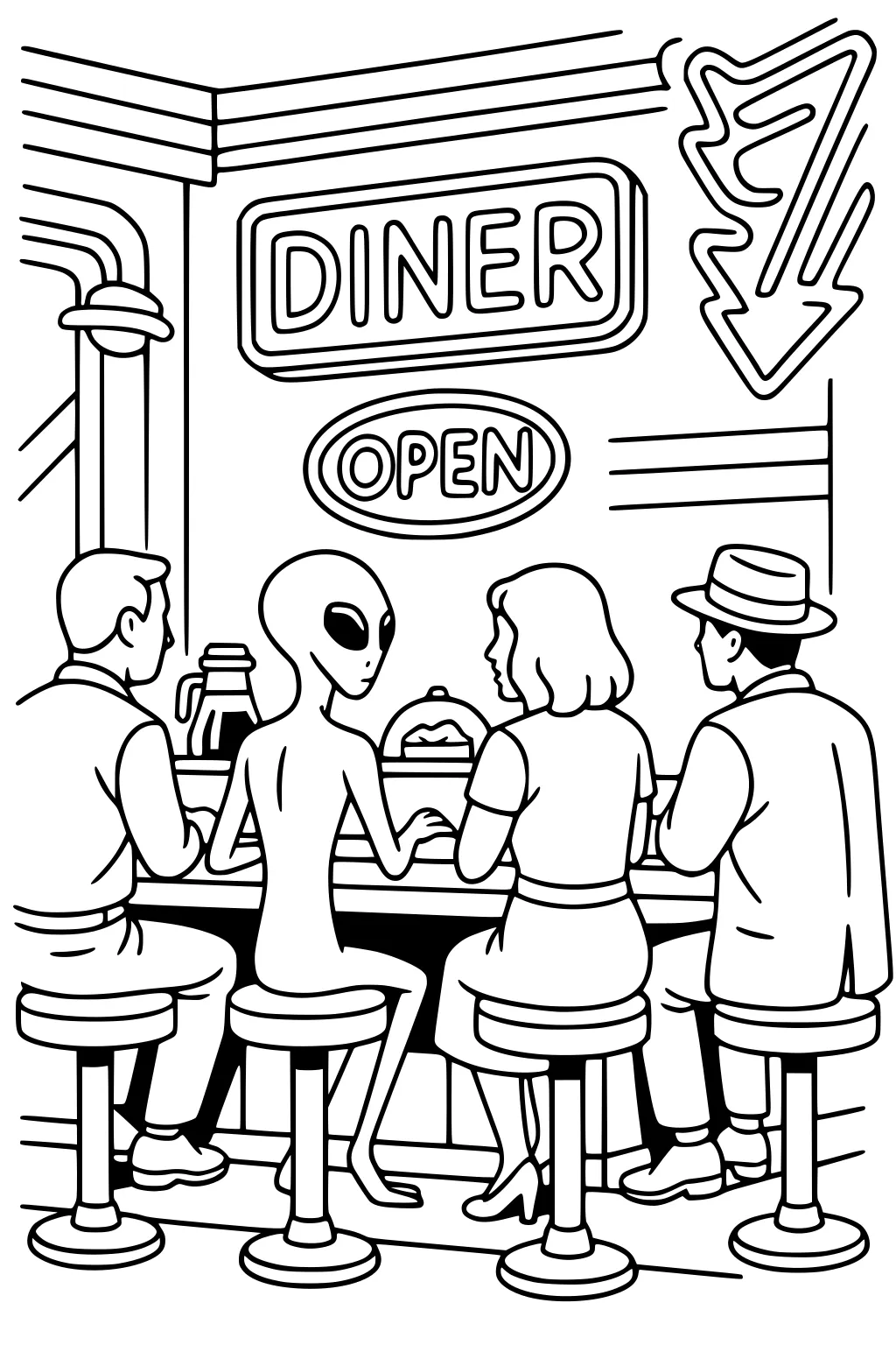 Alien at retro diner counter with a man, a woman, and a man in a hat; neon DINER/OPEN signs, arrow, stools, coffee, cake.
