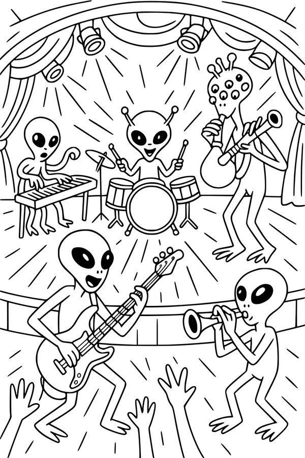 Free Alien Band Coloring Page - Space Concert Under Stage Spotlights (Printable PDF)