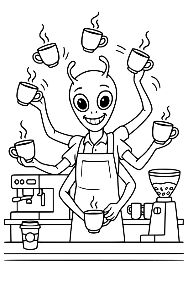 Free Alien Barista Coloring Page - Six-Armed Cafe Coffee Juggler (Printable PDF)