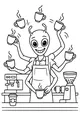 Free Alien Barista Coloring Page - Six-Armed Cafe Coffee Juggler (Printable PDF)