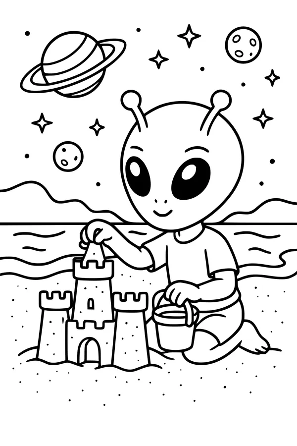 Free Alien Boy Coloring Page - Building a Space Sandcastle on the Beach (Printable PDF)