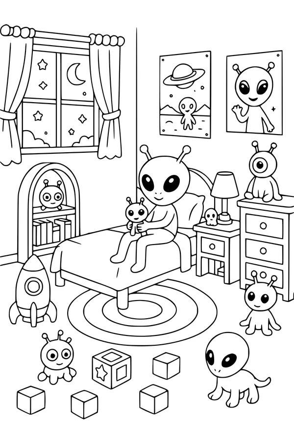 Free Alien Boy Coloring Page - Cozy Space Bedroom at Bedtime (Printable PDF)