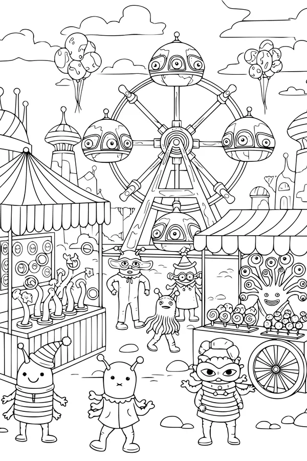Free Alien Carnival Coloring Page - Ferris Wheel on Planet Giggle (Printable PDF)