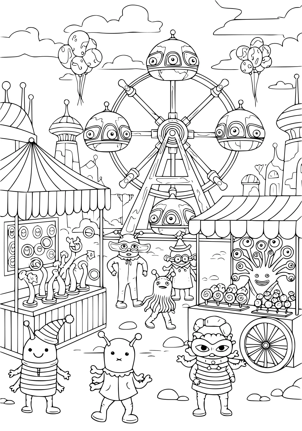 Alien fair with Ferris wheel of eye-shaped pods, balloons, booths, candy cart, domed buildings, and small aliens in striped outfits.