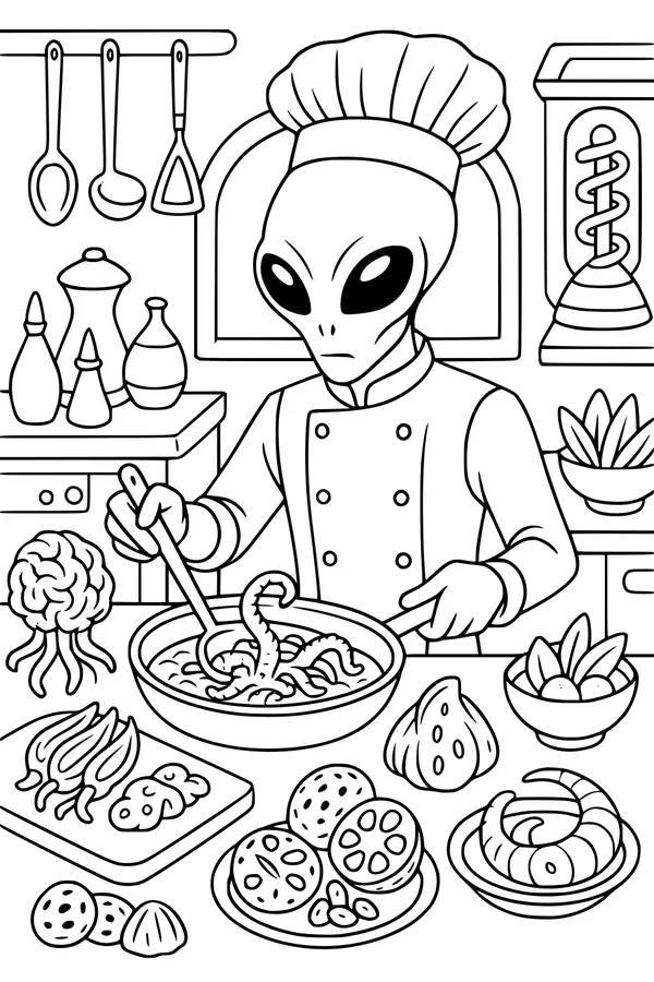 Free Alien Chef Coloring Page - Tentacle Stew in Space Kitchen (Printable PDF)