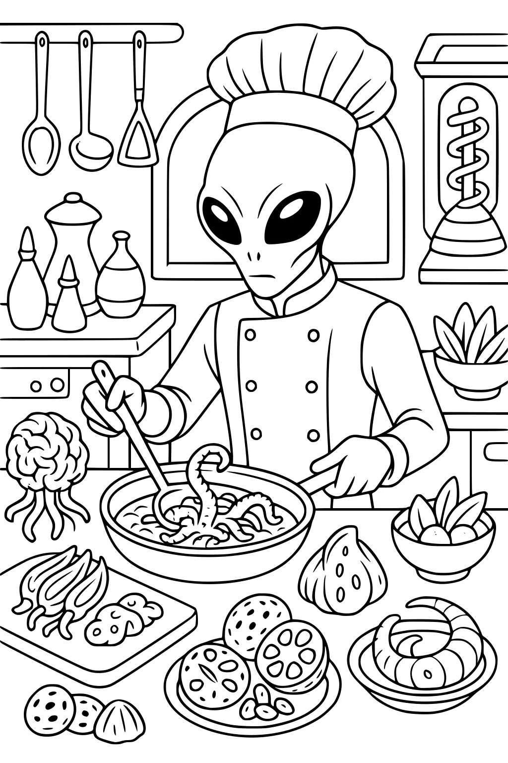 Alien chef stirs tentacle soup in a kitchen with odd produce, hanging utensils, bottles, plants, and a spiral machine.