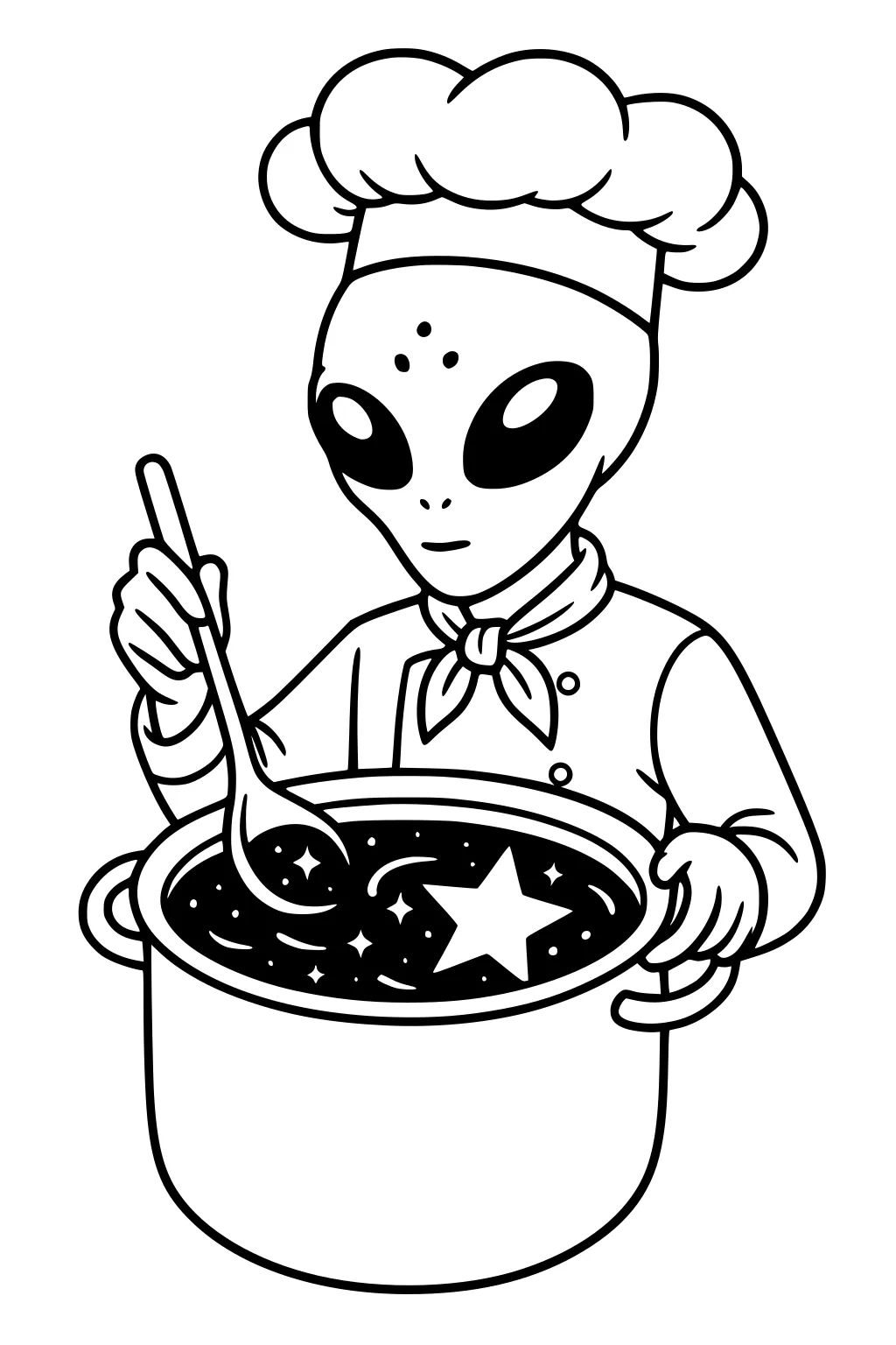 Cartoon alien chef stirs a large pot of starry soup with a spoon; big eyes, chef hat, scarf, stars and sparkles in the pot.