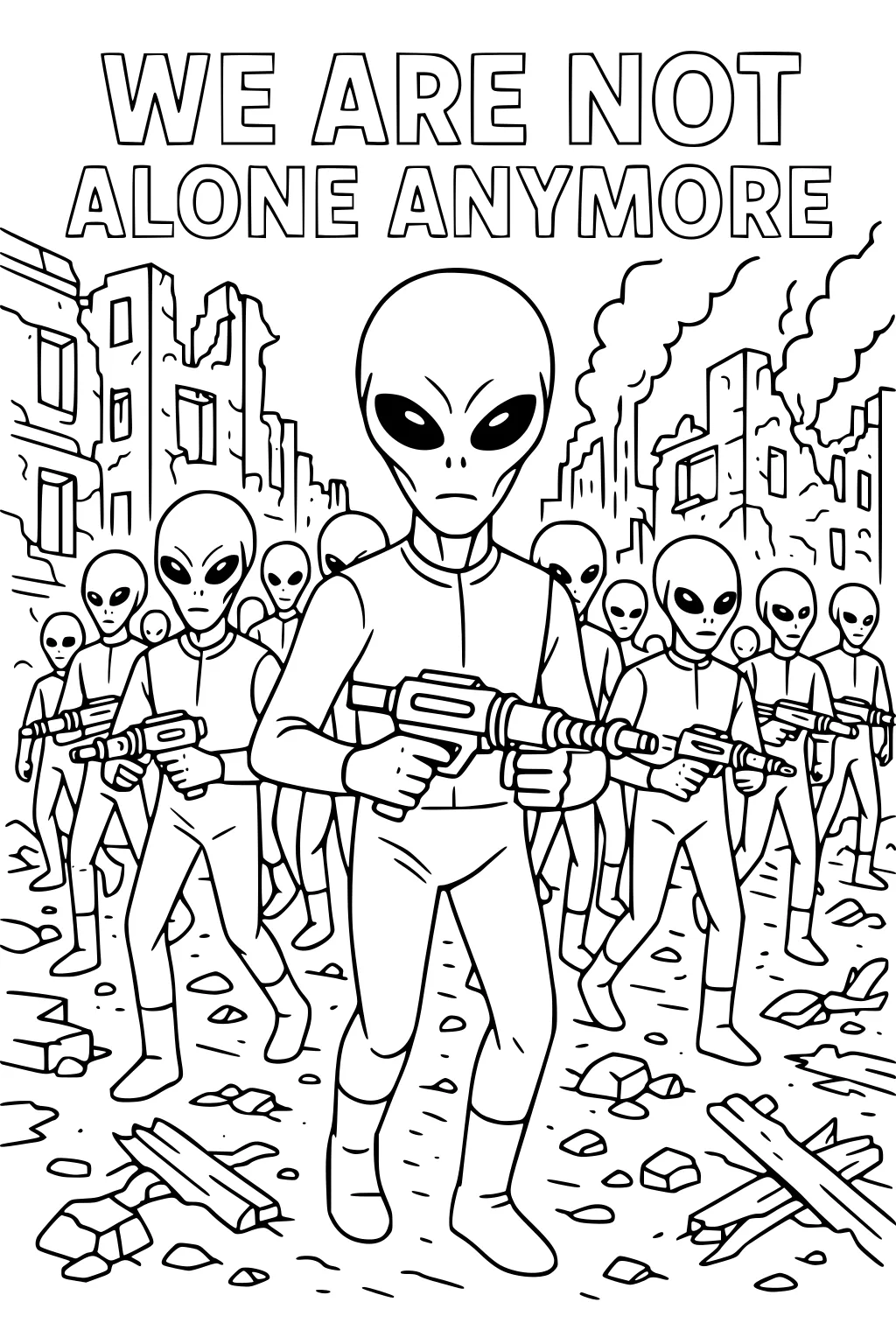 Aliens with ray guns march through ruined city; rubble, smoke, broken buildings; text reads WE ARE NOT ALONE ANYMORE.