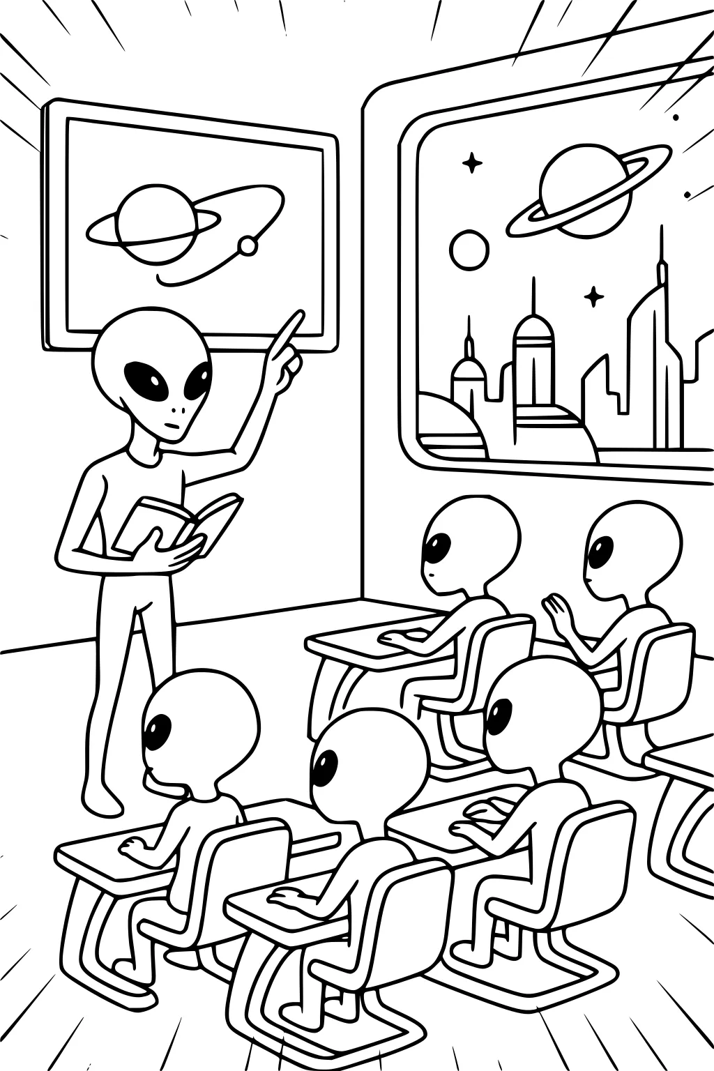 Alien teacher points to planet chart; five students sit at desks. Window shows futuristic city, stars, and a ringed planet.