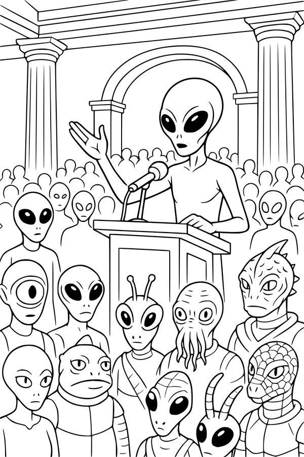 Free Alien Council Coloring Page - Leader Giving Speech in Grand Hall (Printable PDF)
