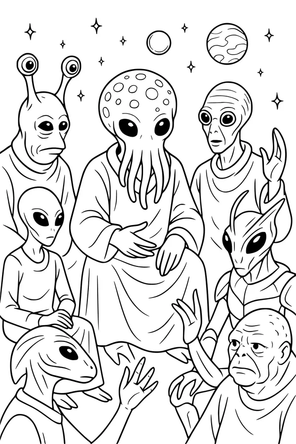 Free Alien Council Coloring Page - Seven Extraterrestrials Under Starry Sky (Printable PDF)
