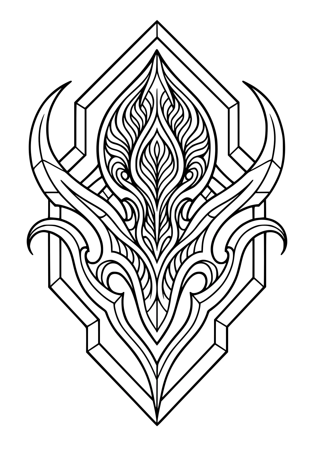 Symmetrical alien emblem with flame-shaped center, curling horns, and layered hexagon frame in black outline.