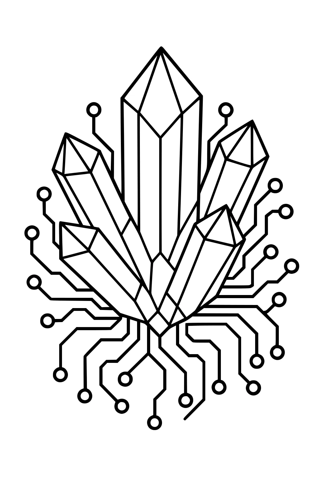 Alien crystal cluster with circuit-board lines and round nodes, bold geometric outlines on white.