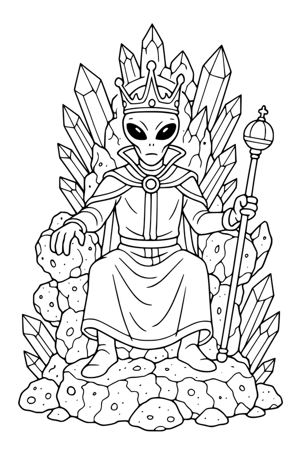 Free Alien King Coloring Page - Crystal Moon-Rock Throne (Printable PDF)