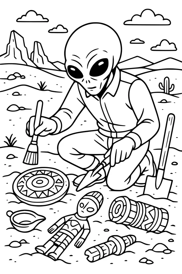 Free Alien Archaeologist Coloring Page - Desert Artifact Dig (Printable PDF)
