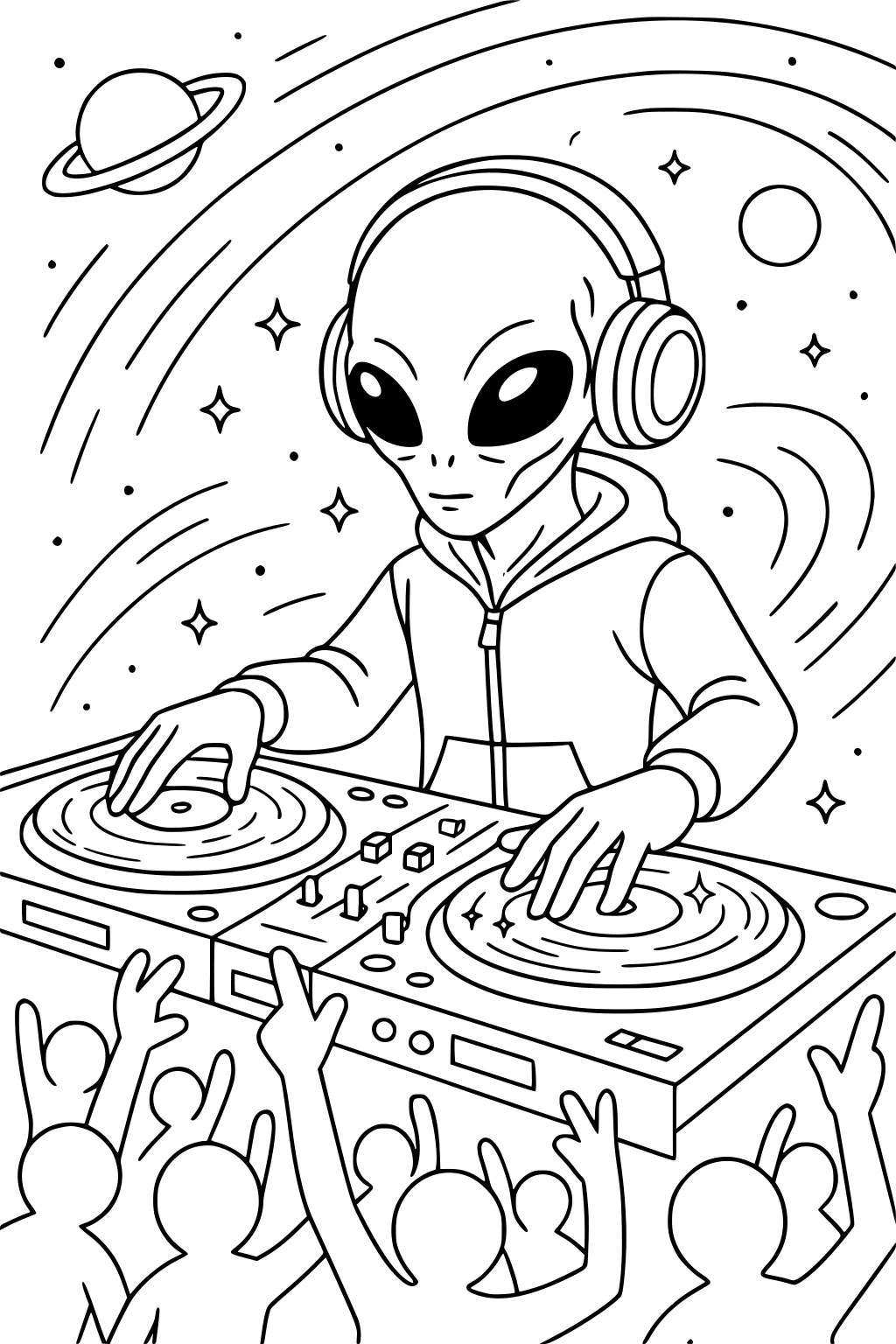 Alien DJ in hoodie and headphones at two turntables, crowd raising hands, stars and a ringed planet in swirling space.