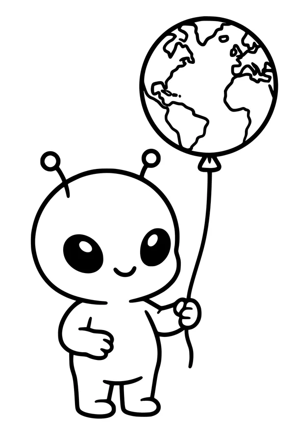 Free Alien Coloring Page - Little Visitor With Earth Balloon (Printable PDF)