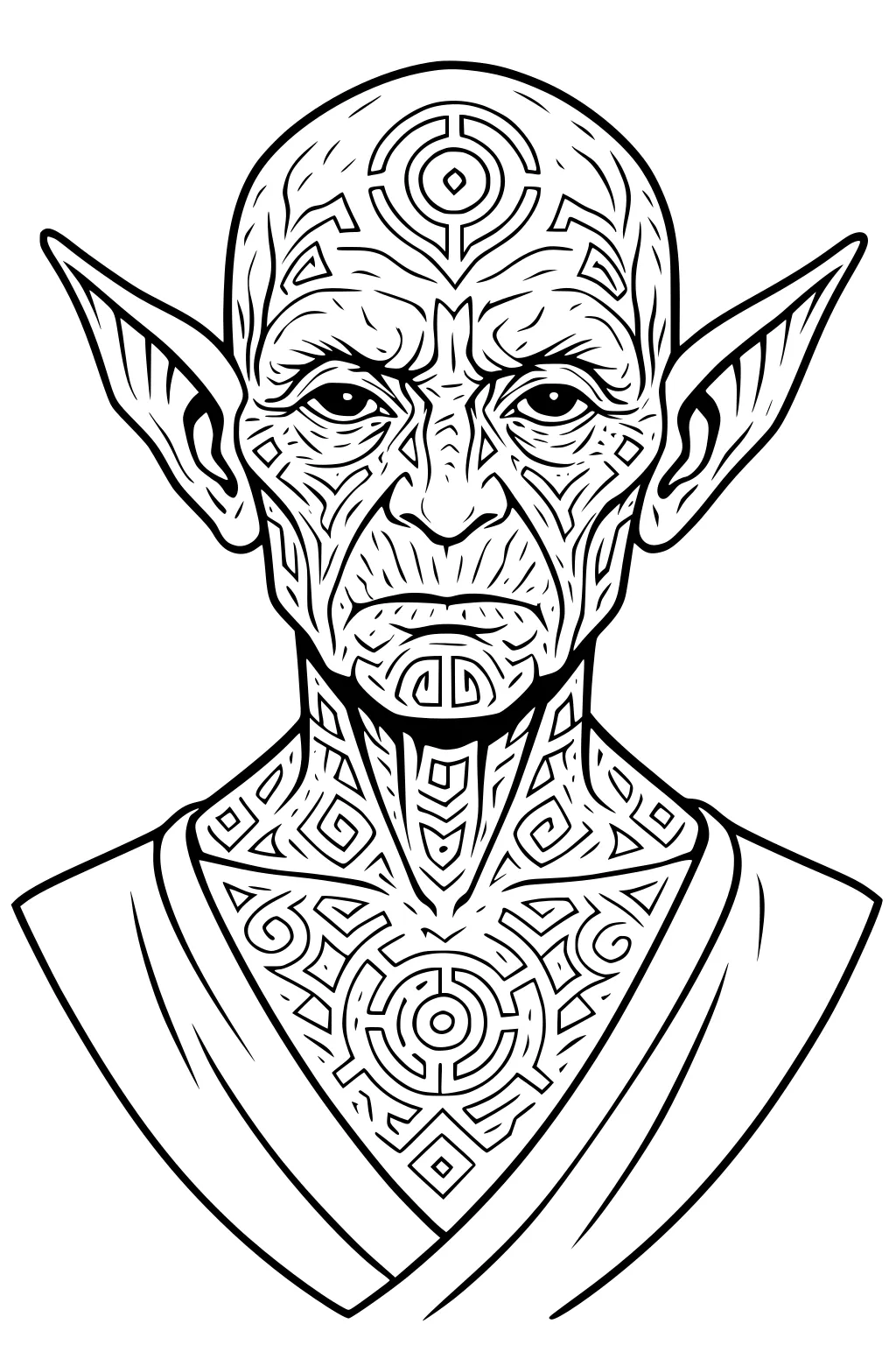 Alien elder with long pointed ears, calm eyes, and geometric markings on head, face, and chest, wearing a simple robe.
