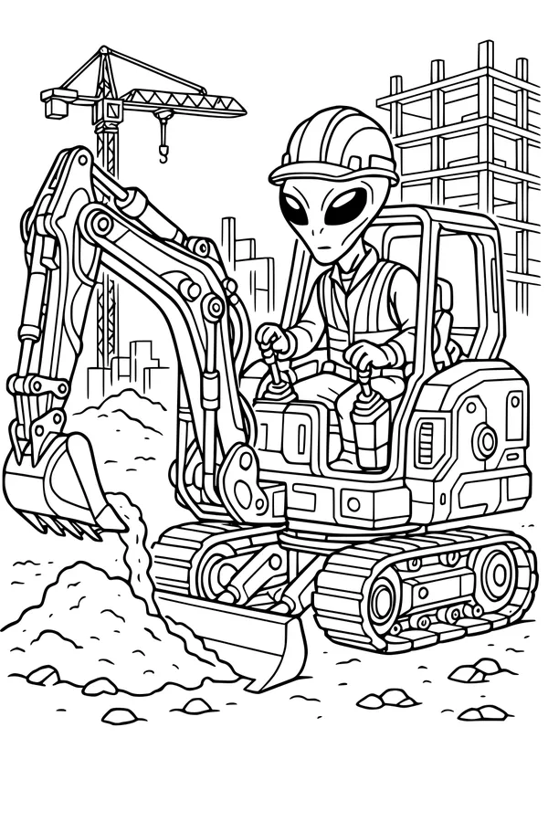 Free Alien Excavator Coloring Page - Galactic Construction Worker in City (Printable PDF)