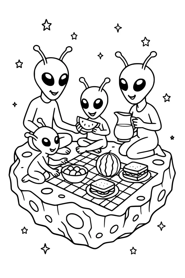 Free Alien Family Coloring Page - Picnic on a Floating Asteroid (Printable PDF)