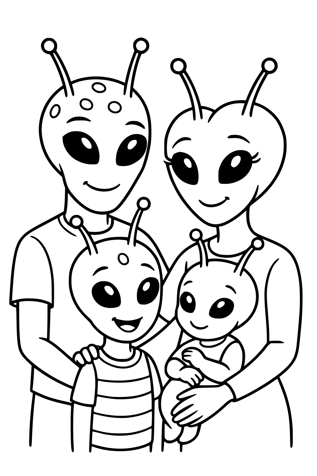 Alien mom and dad with antennas, dad has head spots, smiling with a striped-shirt son and a baby in mom's arms.