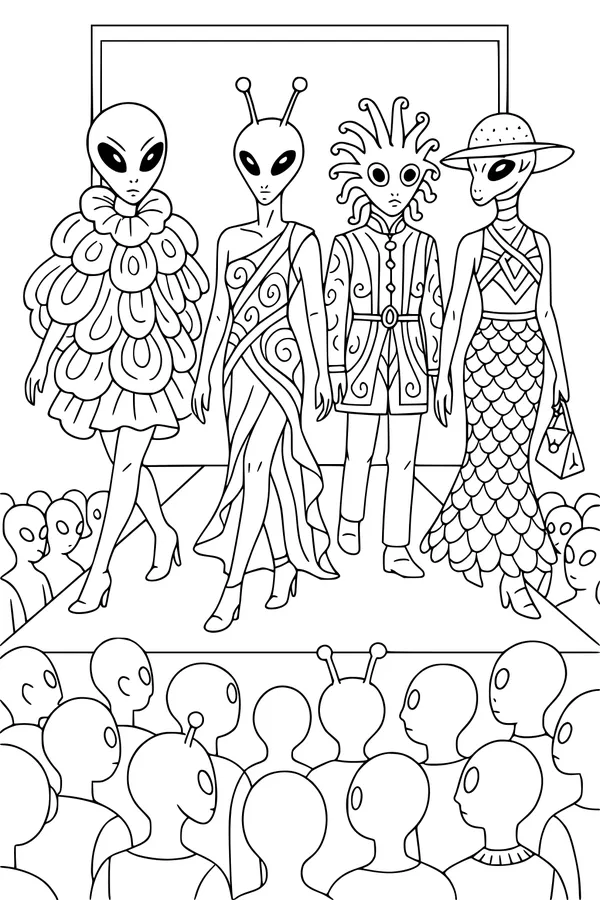 Free Alien Fashion Coloring Page - Cosmic Runway Style Parade (Printable PDF)