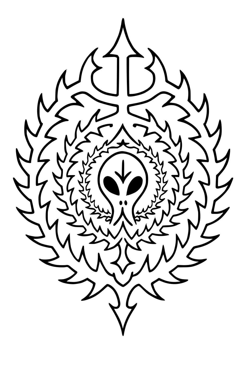 Alien face in center of concentric flame-like spikes with a trident shape on top, bold symmetrical emblem in black outline.