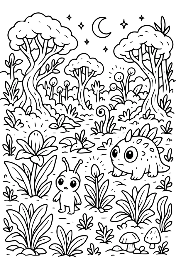 Free Alien Coloring Page - Moonlit Forest Garden Stroll (Printable PDF)