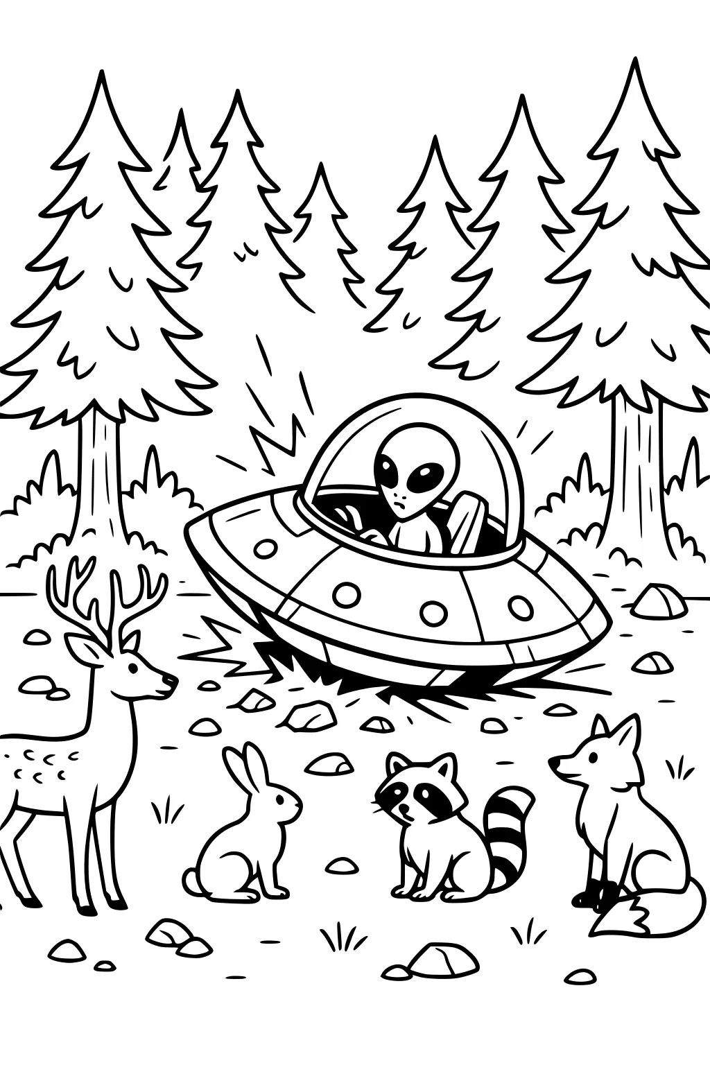 Alien in UFO landing in forest clearing, surrounded by deer, rabbit, raccoon, and fox, with pine trees, rocks, and grass.