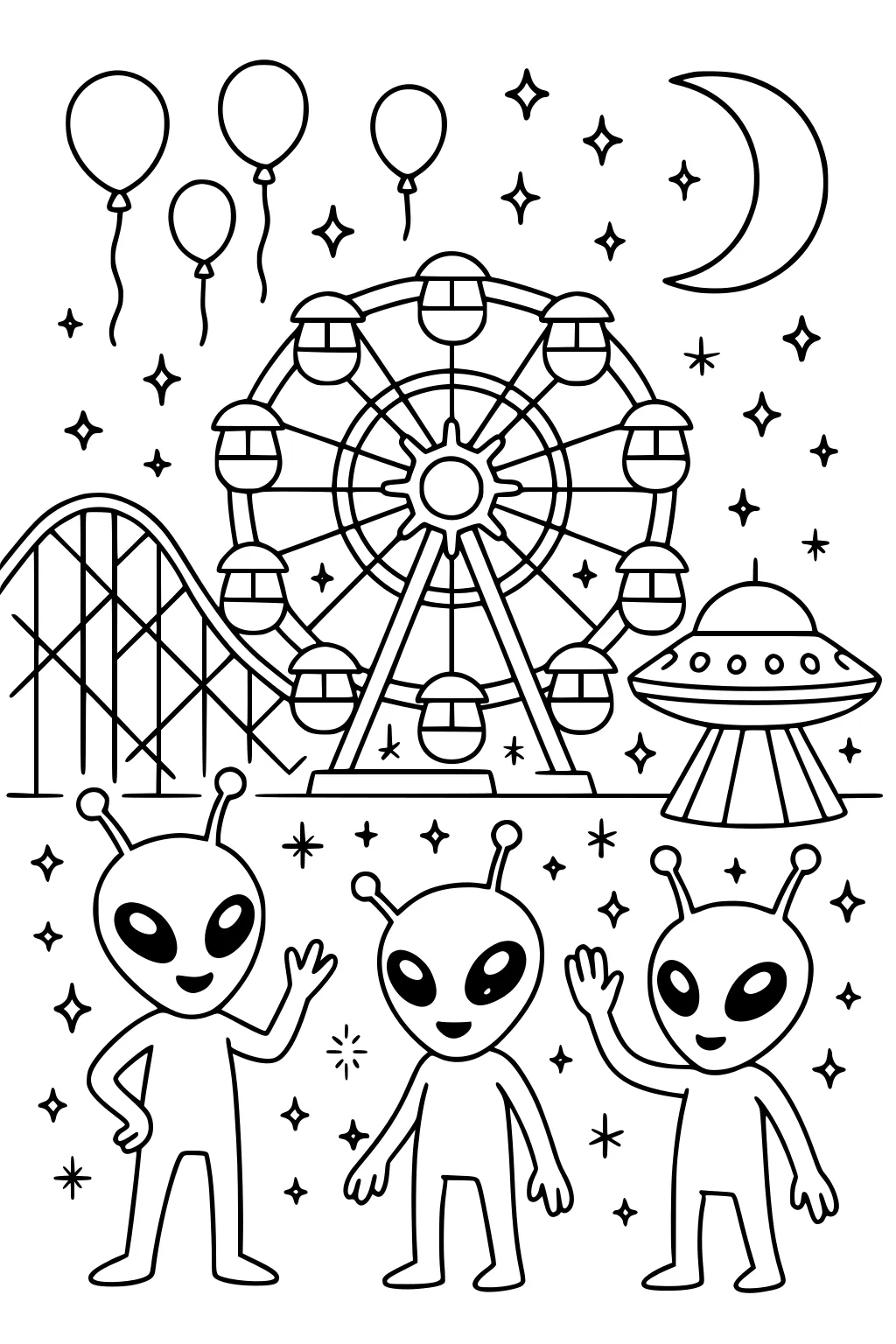 Three friendly aliens wave at a night funfair with Ferris wheel, roller coaster, UFO, balloons, crescent moon, and stars.