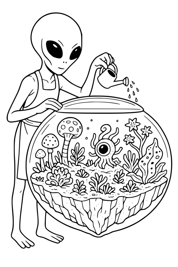 Free Alien Coloring Page - Boy Gardener With Space Terrarium (Printable PDF)