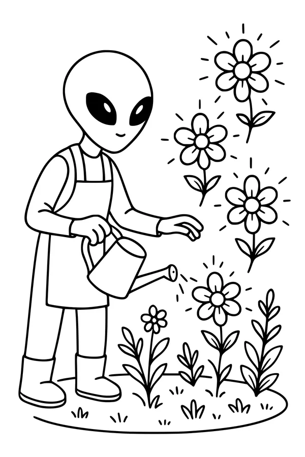 Free Alien Gardener Coloring Page - Watering Space Flowers (Printable PDF)