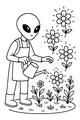 Free Alien Gardener Coloring Page - Watering Space Flowers (Printable PDF)