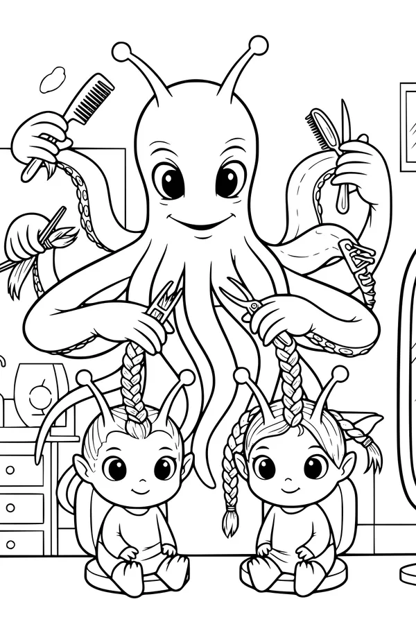 Free Alien Salon Coloring Page - Tentacled Stylist Braiding Hair (Printable PDF)