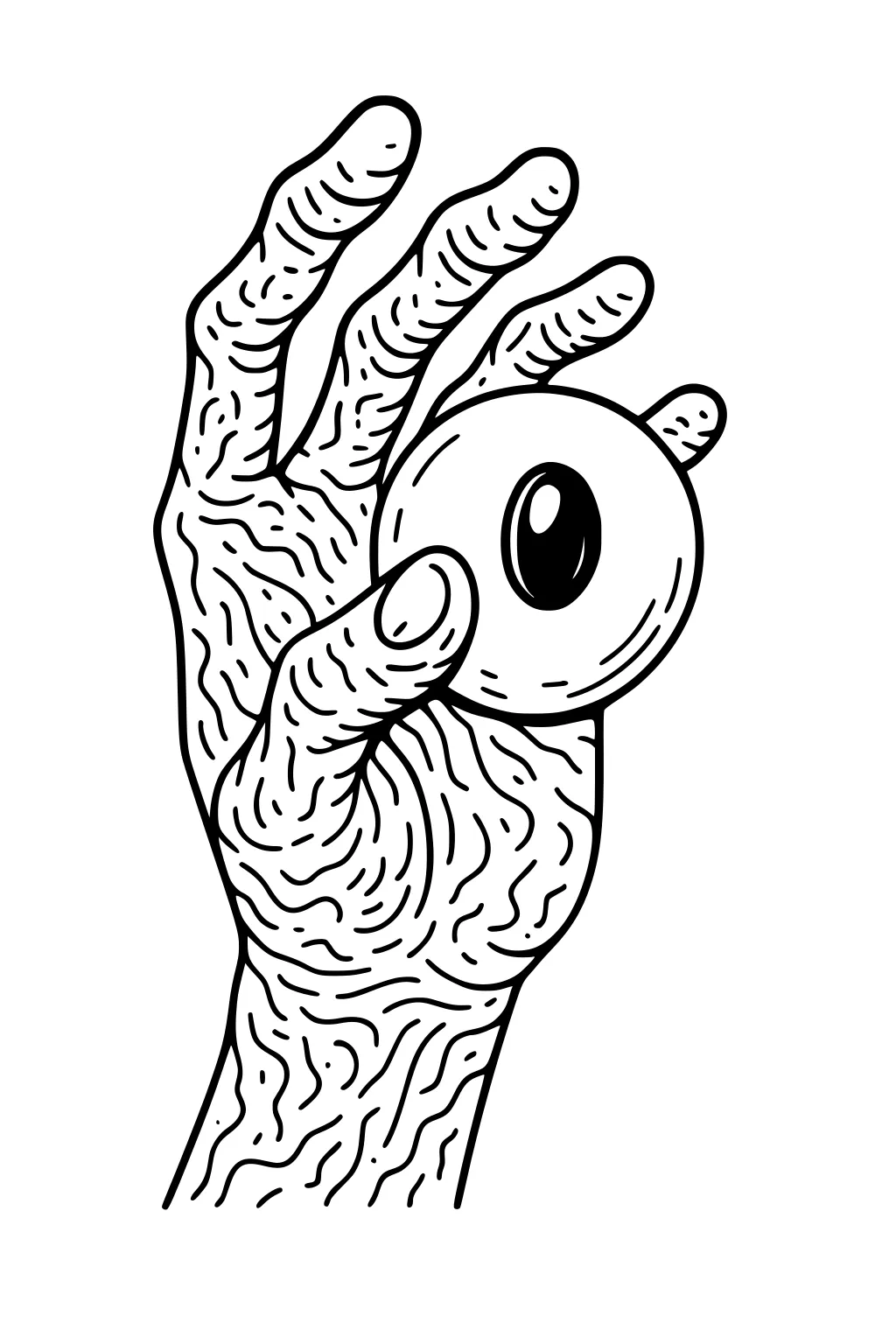 Wrinkled alien hand holding a large round eyeball with shiny pupil, thick black outlines on a plain background.