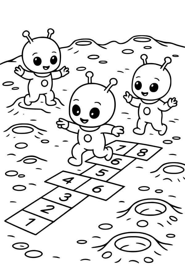 Free Alien Coloring Page - Friendly Moon Hopscotch Game (Printable PDF)