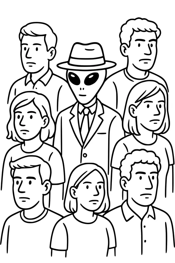 Free Alien Coloring Page - Visitor in Suit and Fedora in a Crowd (Printable PDF)