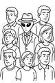 Free Alien Coloring Page - Visitor in Suit and Fedora in a Crowd (Printable PDF)