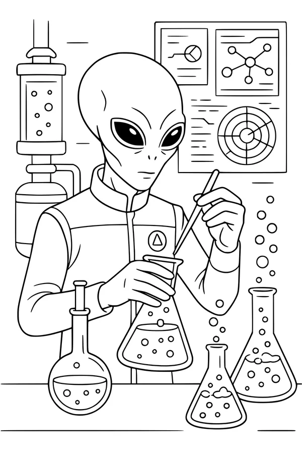 Free Alien Scientist Coloring Page - Space Lab Experiment (Printable PDF)