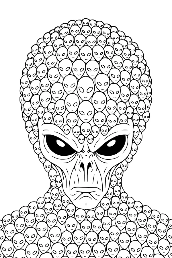 Free Alien Coloring Page - Giant Head of Many Tiny Faces (Printable PDF)