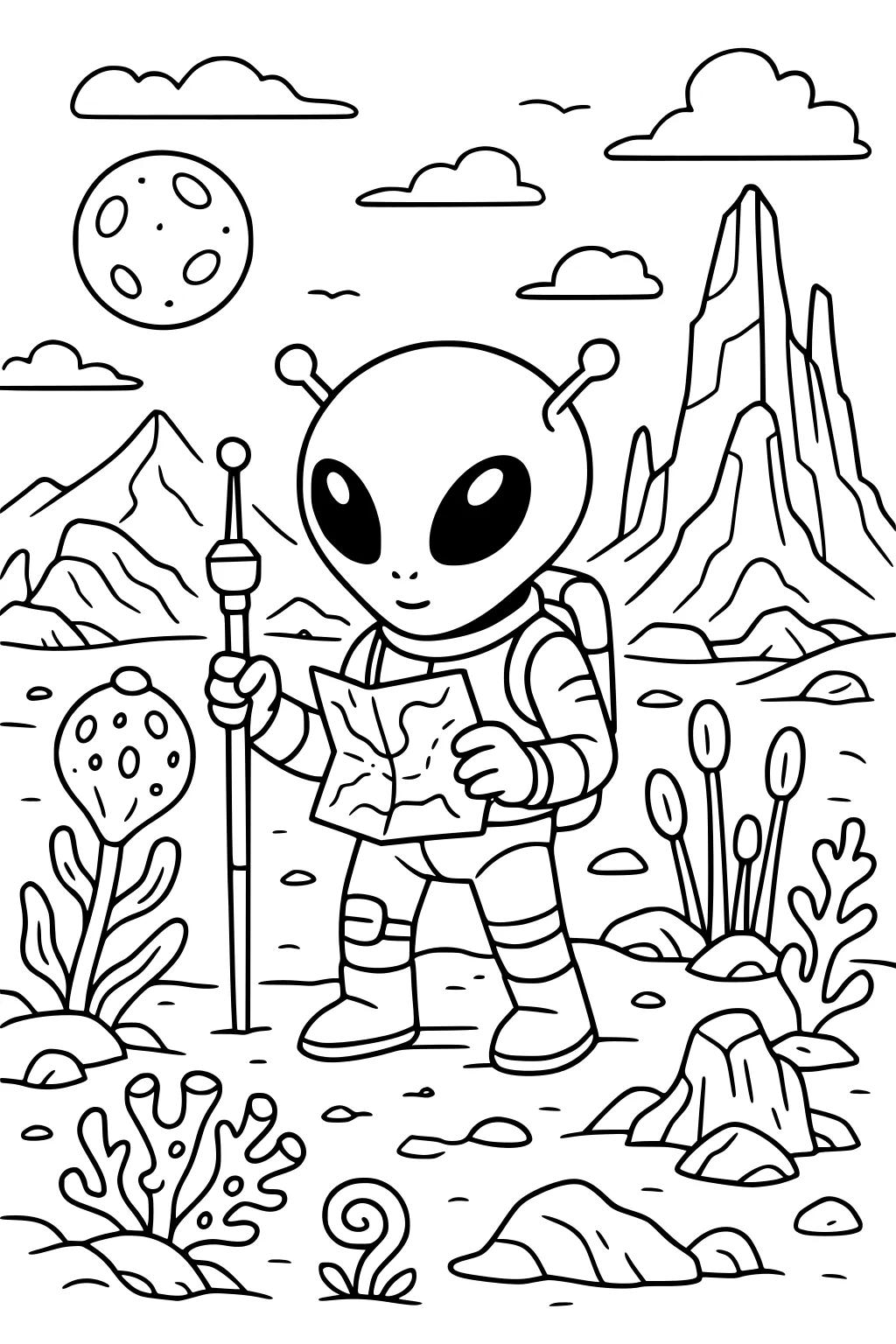 Alien girl explorer with map and staff on rocky planet with mountains, strange plants, clouds, and a cratered moon.