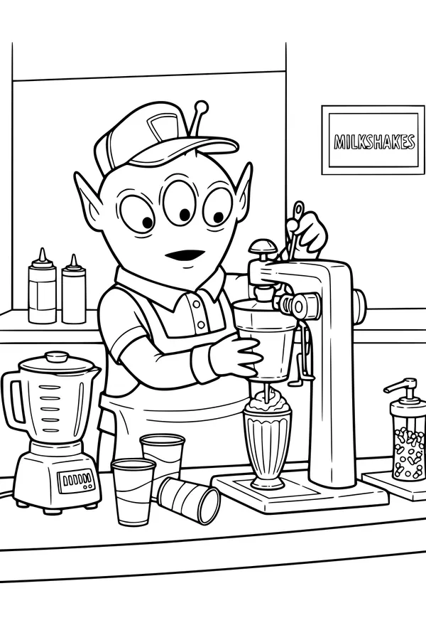 Free Alien Boy Coloring Page - Three-Eyed Milkshake Maker at Space Diner (Printable PDF)