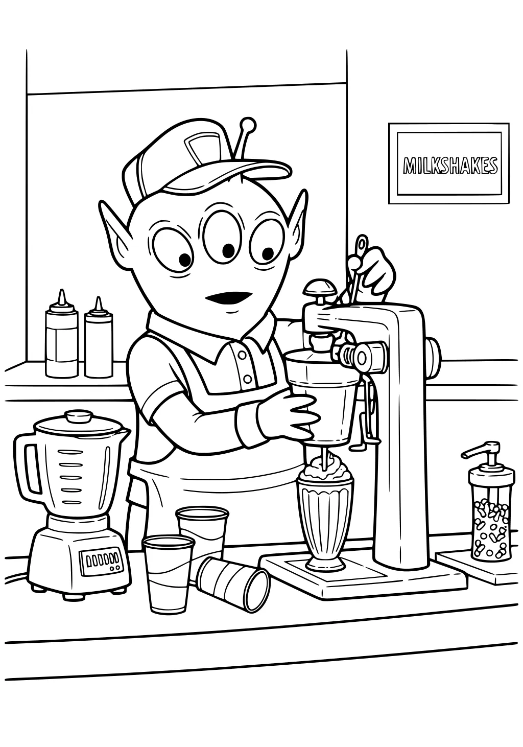 Three-eyed alien boy in a cap mixes a milkshake at a counter with mixer, blender, cups, syrup bottles, and a toppings pump.