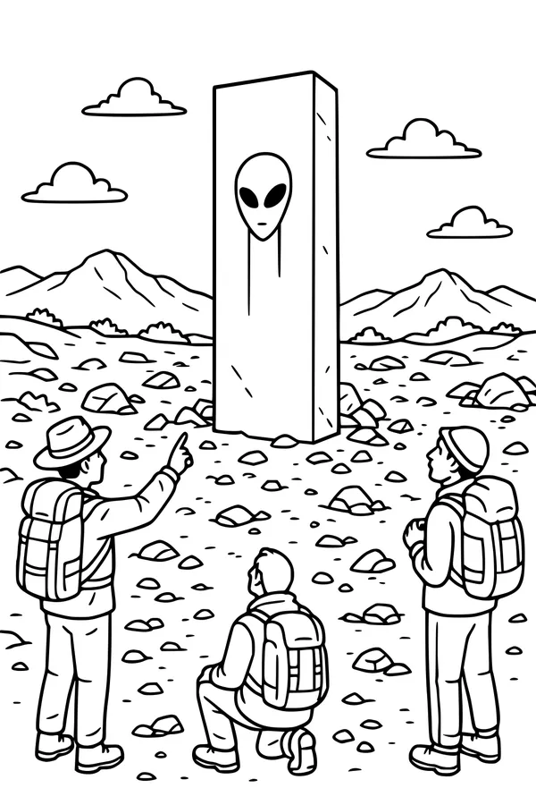 Free Alien Monolith Coloring Page - Hikers in Rocky Desert Valley (Printable PDF)
