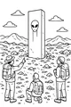Free Alien Monolith Coloring Page - Hikers in Rocky Desert Valley (Printable PDF)