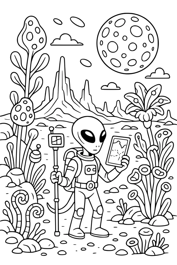 Free Alien Explorer Coloring Page - Space Garden Adventure (Printable PDF)