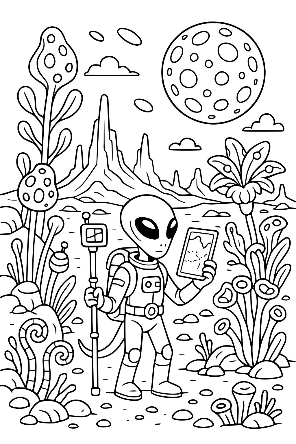 Alien astronaut with tablet and sensor staff on a rocky planet with spotted plants, spiky mountains, and a cratered moon.