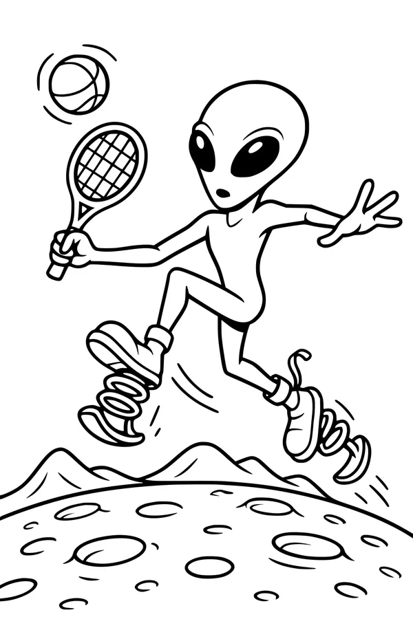 Free Alien Coloring Page - Springy Moon Tennis Match (Printable PDF)